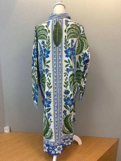 Farm Rio L White /blue/green floral LS bttn up tunic NWT