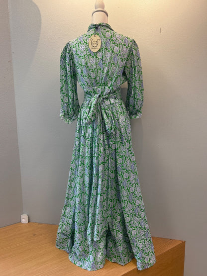 Thierry Colson M Blue /green floral LS maxi w/ belt NWT