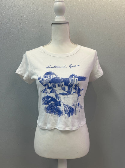 Altar'd State L White "santorini, Greece" baby tee