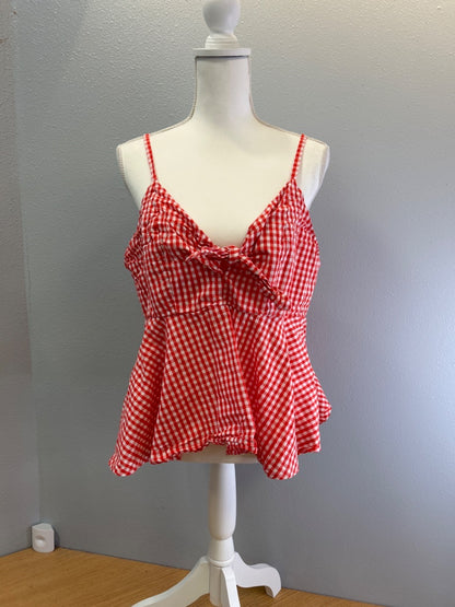 Vero Moda XL Red /white gingham tie neckline spag. strap peplum