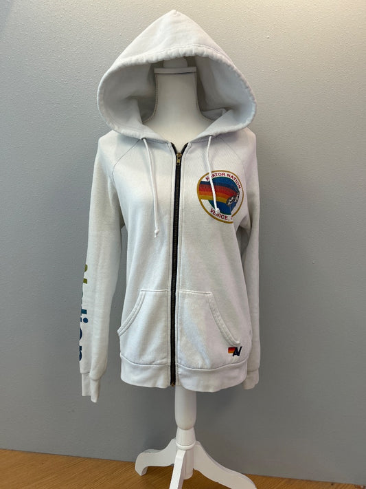 Aviator Nation M White full zip hoodie w/ surfer logo (as is pilling)