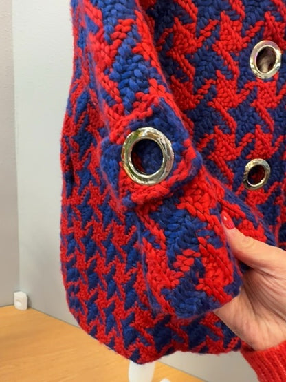 Judith March S Red /purple houndstooth jacket w/ belt/tassel buttons