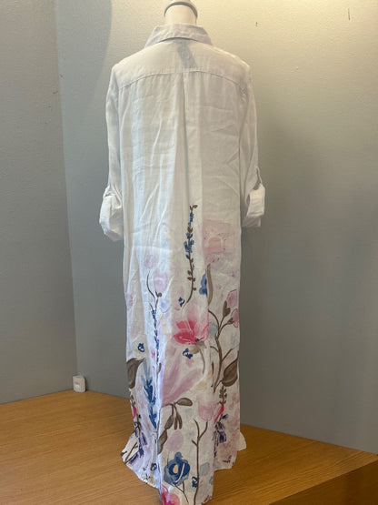Charlie B XL White /pink/green linen floral LS bttn up maxi