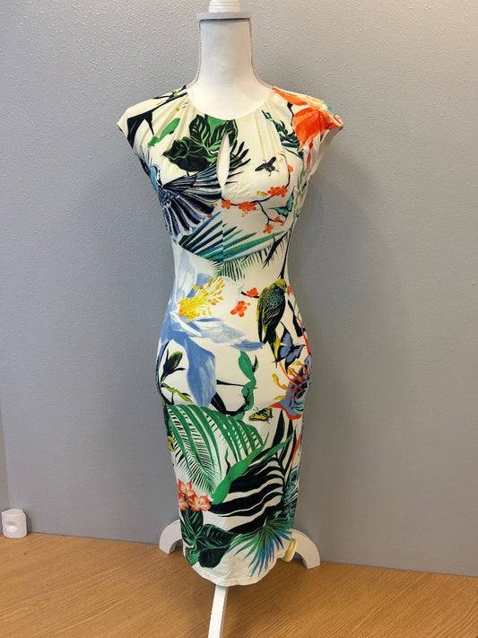 Roberto Cavalli S Cream/Green Cap Sleeve Birds of paradise