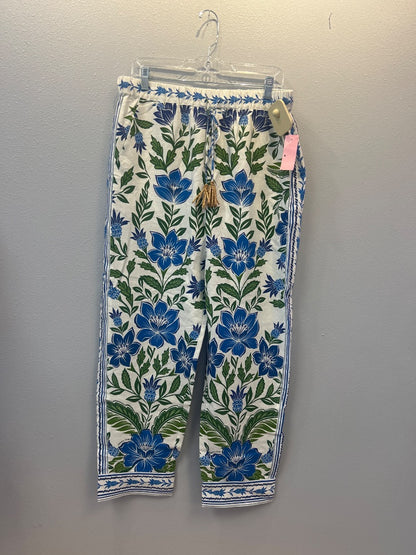 Farm Rio L White /blue/green floral slip on pants w/ tie NWT