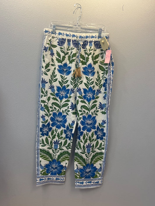 Farm Rio L White /blue/green floral slip on pants w/ tie NWT