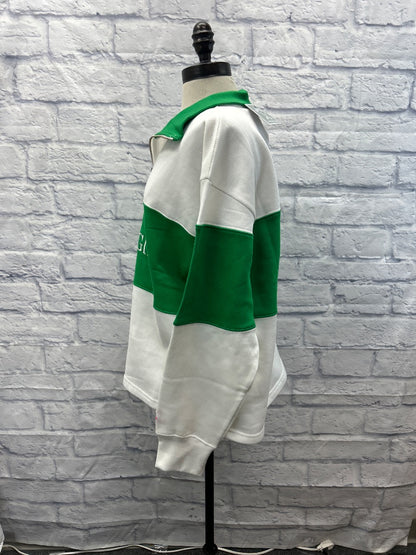 Lake Girl XL white/green 1/4 zip thick stripes, "Lakegirl"