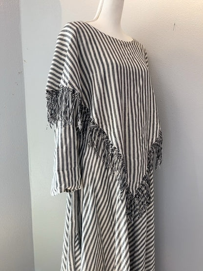 NO BRAND M Gray /white stripe LS fringe top flowy midi