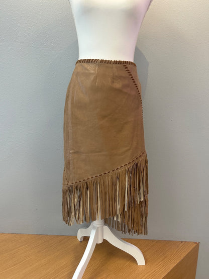Double D Ranch 10 Tan Gen. leather midi skirt w/ stitching/fringe