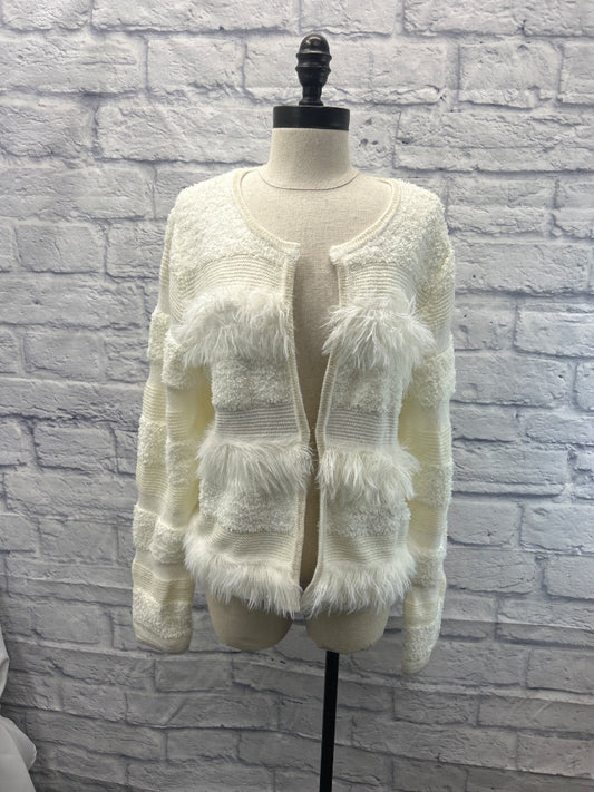 lilly pulitzer XL White fuzy striped cardi w/ clasp