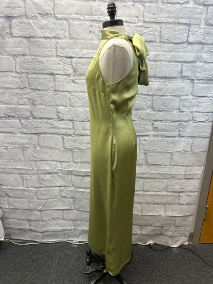 pretty lavish 6 Green satin sleevless maxi w/ neck scarf/tie