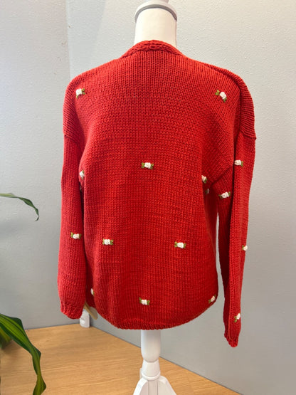 Fanm Mon XS/S Red Hand knit open frnt w/flowers