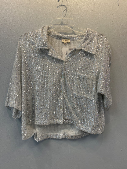 POL M Silver sequin collared button down NWT