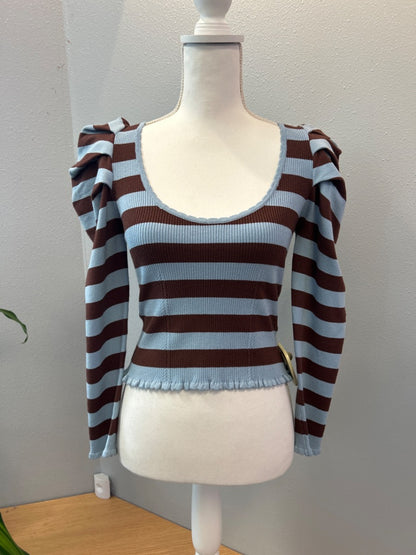 Farm Rio XS Blue/brown NWT Stripe LS U-Neck Cropped