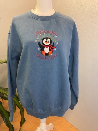 M&C Sportswear L Blue LS crewneck w/ Penguin/"Grandkids light up" graphic