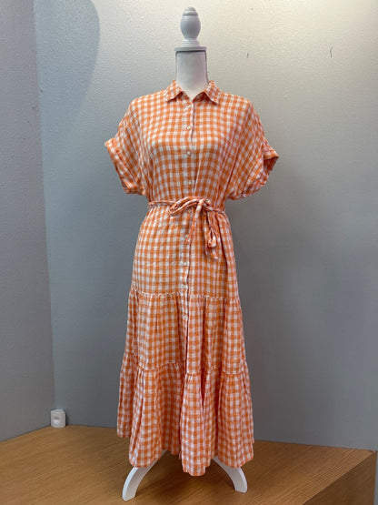ralph lauren 6 Orange /WTE gingham SS maxi w/ belt/bttn front