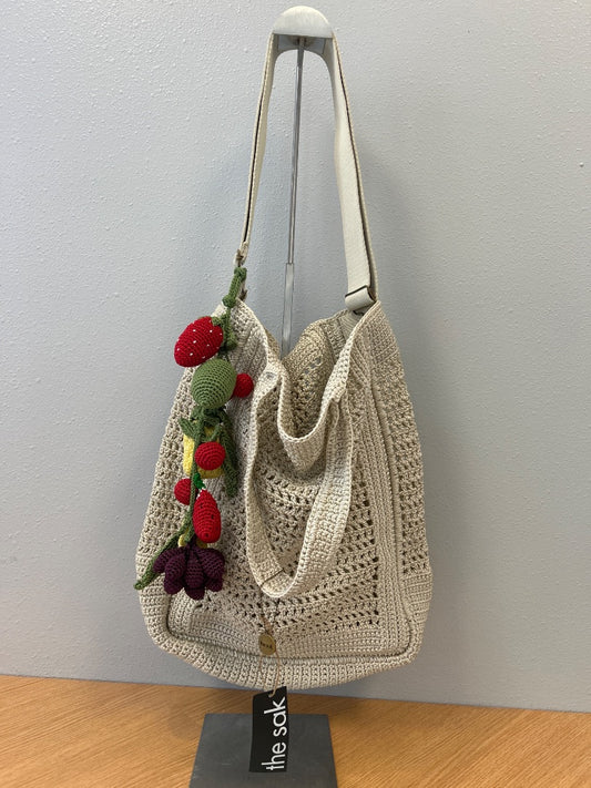 The Sak  Tan Crochet Tote w/fruits