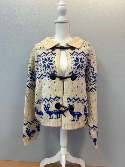 Bailey Rose M Cream /blue reindeer cardi w/ toggle bttns