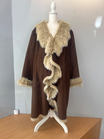 Donna Salyers 3X Brown suede long jacket w/ faux fur cuffs/collar