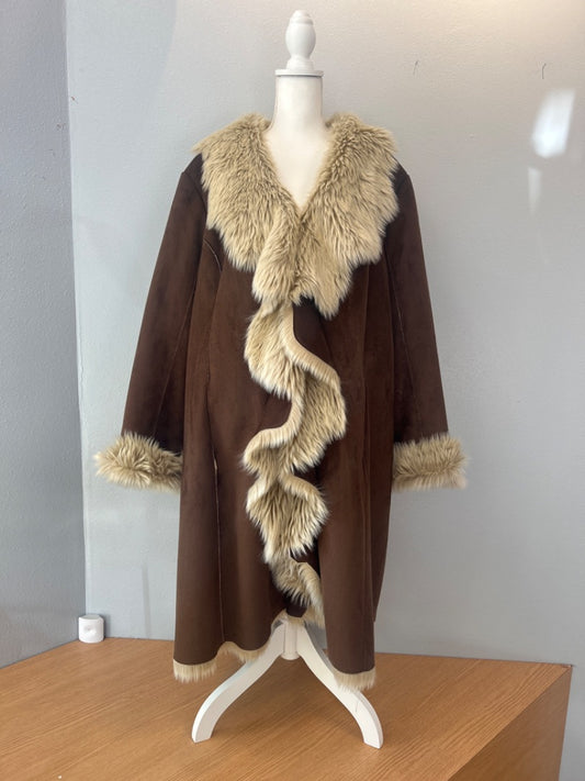Donna Salyers 3X Brown suede long jacket w/ faux fur cuffs/collar