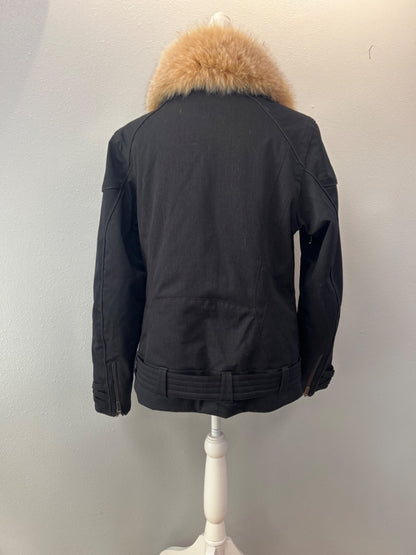 spyder L black/tan Fur collar, multi zipper, w/ belt