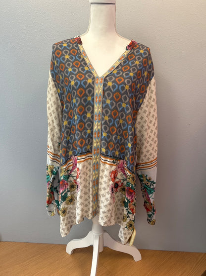 Johnny Was XL Tan /rainbow LS collared blouse w/ patterning