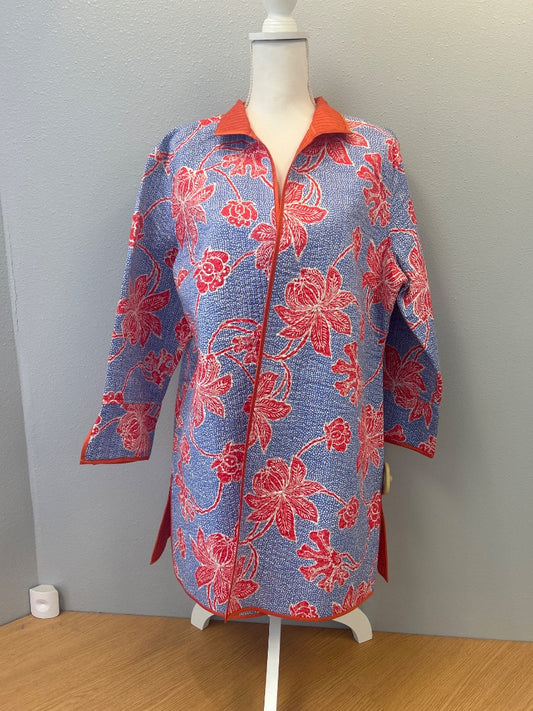 Patty Kim XL blue/red/orange SILK interior, floral, quilted, open frotn