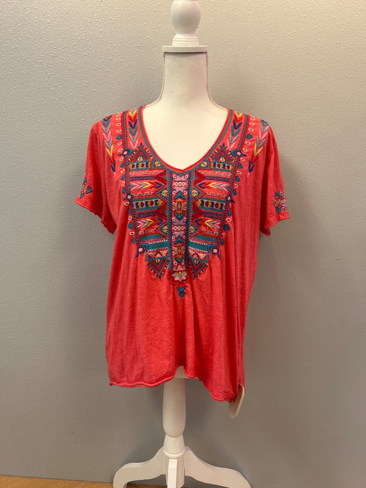 Johnny Was M Pink v neck embroidered rolled hem