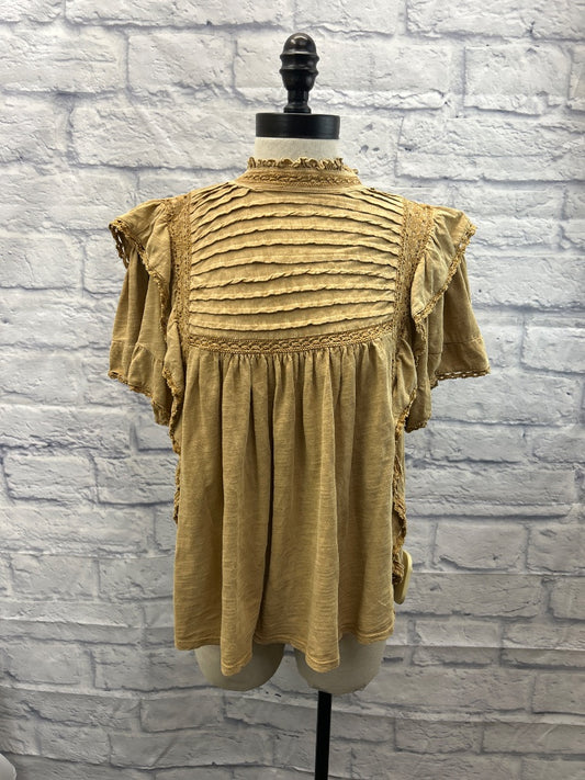 Free People M Tan mock neck pleated/lace ruffle SS FLOWY
