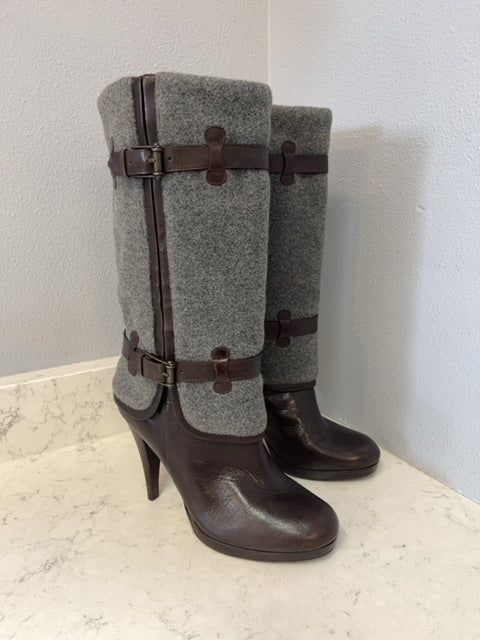 Cole Haan 9 Brown brown leather calf boot w/ gray gelt upper