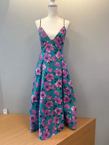 Free People M Blue/pink floral v neck fit n flare