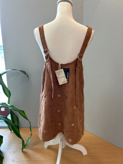 hem & thread S Brown corduroy overall dress / florals NWT