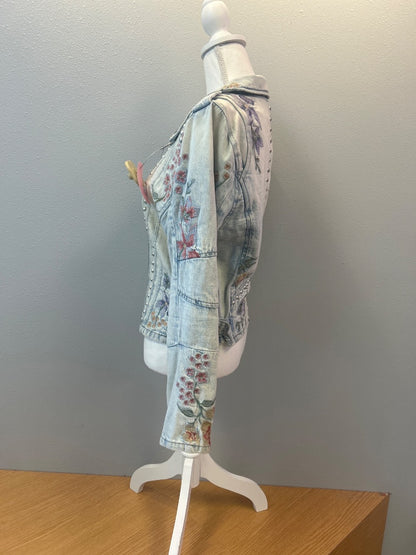 Blank NYC L Blue floral light wash jean moto jacket w/ studs/zips