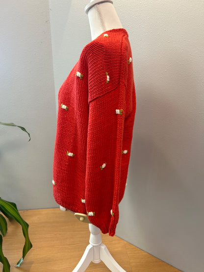 Fanm Mon XS/S Red Hand knit open frnt w/flowers