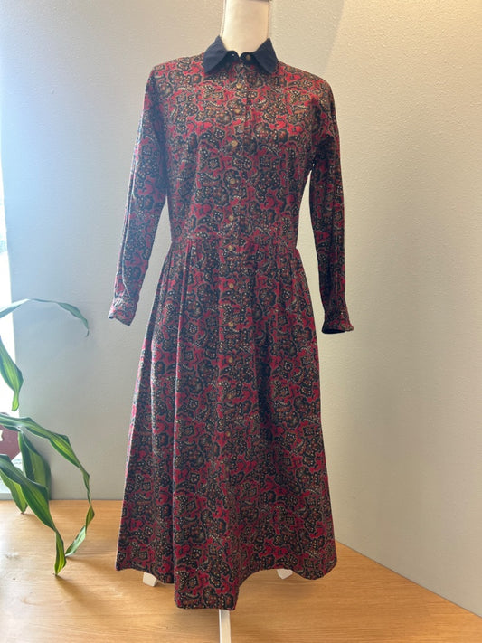 Eddie Bauer XS Red floral LS maxi w/ blue collar/button up front VINTAGE