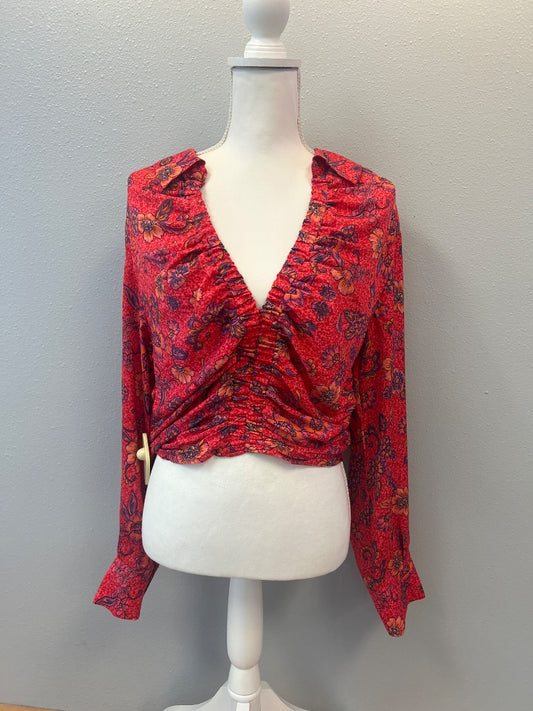 Free People M Red floral satin LS blouse