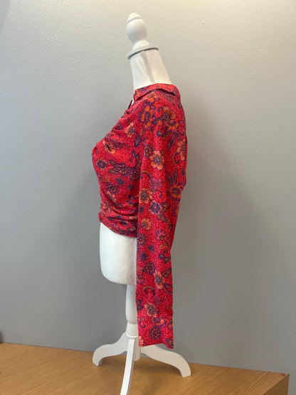 Free People M Red floral satin LS blouse