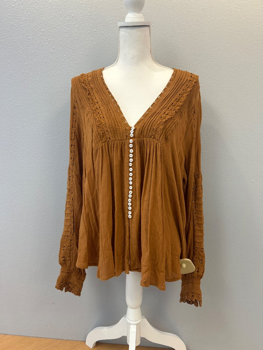 Free People L Orange vneck crochet detail LS blouse