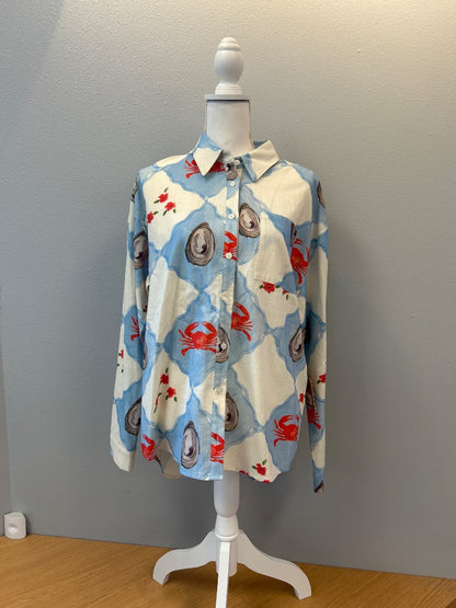 Bailey Rose S White/Blue NWT bttnup crab/oysters