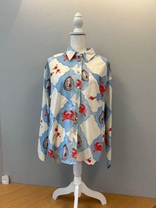 Bailey Rose S White/Blue NWT bttnup crab/oysters
