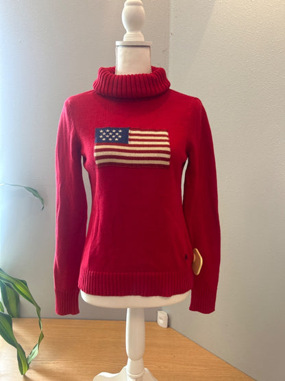 Lauren Ralph Lauren S Red knit turtleneck USA flag sweater