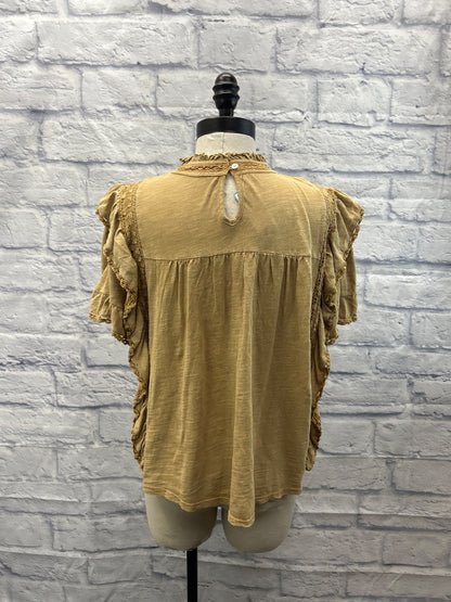 Free People M Tan mock neck pleated/lace ruffle SS FLOWY