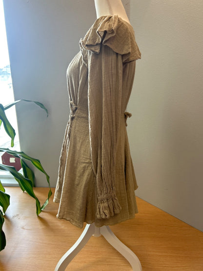 Free People S Tan LONG LS top w/ ruffle shoulders/waist ties