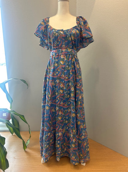 Emerson Fry L Blue /pink/yellow floral puff sleeve maxi w/ belt