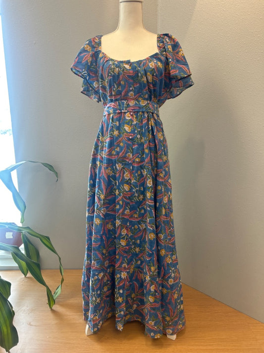 Emerson Fry L Blue /pink/yellow floral puff sleeve maxi w/ belt