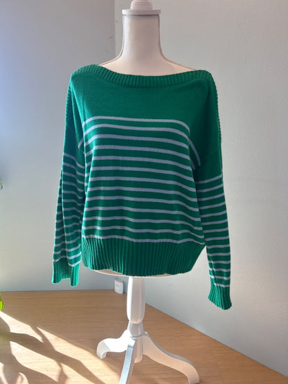 Loft L Green Knit LS sweater w/ blue stripes