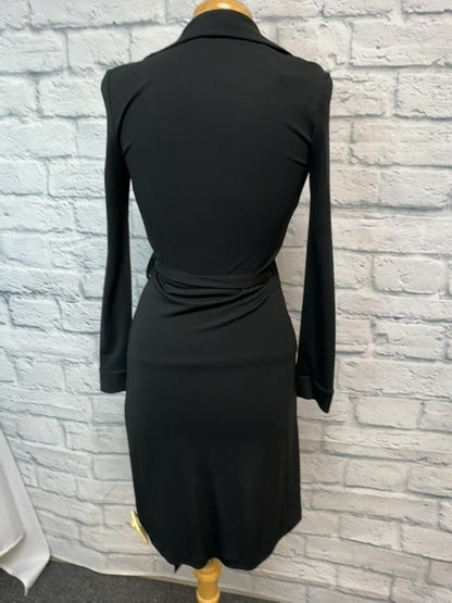 diane von furstenberg 4 Black LS wrap midi dress w/ collar/belt