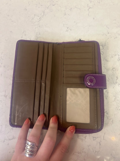 Coach  Tan /purple CC trifold zip wallet