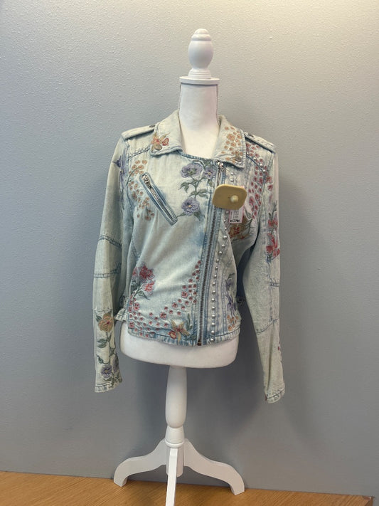 Blank NYC L Blue floral light wash jean moto jacket w/ studs/zips