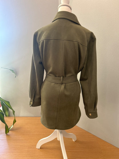 Loft S Green faux suede LS longer hem w/ gold buttons